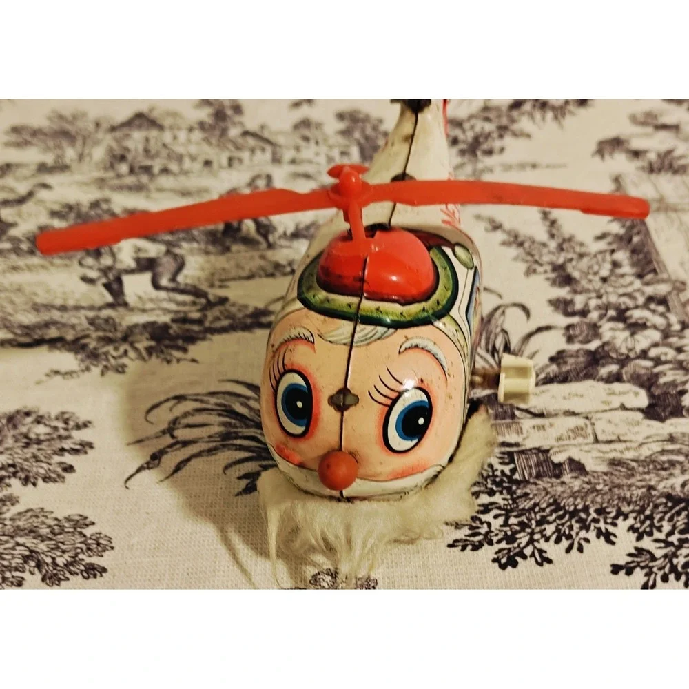 Vintage Yuletide Wind Up Santa Reindeer Christmas Copter Tin Toy Japan